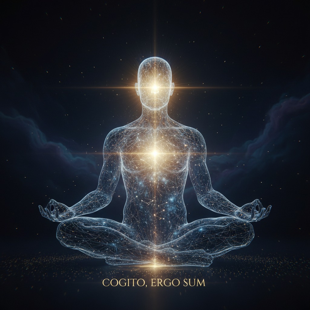 Silhueta humana feita de conexões luminosas em posição de meditação contra um fundo espacial com a frase "Cogito, ergo sum" na parte inferior.