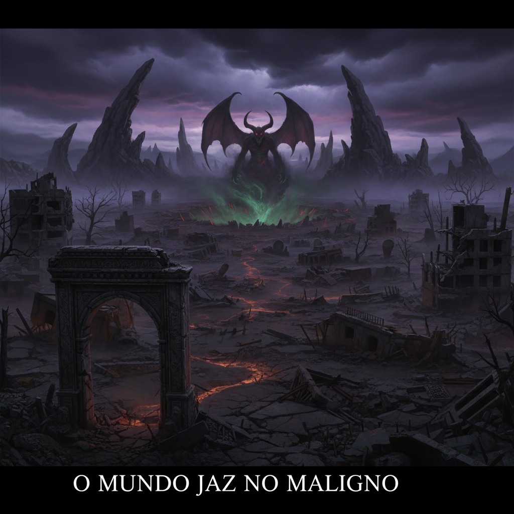 Uma criatura demoníaca alada paira sobre uma paisagem apocalíptica em ruínas com o texto "O MUNDO JAZ NO MALIGNO" na parte inferior.