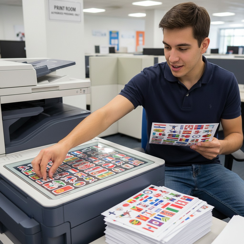 Um jovem coloca uma folha com adesivos de bandeiras sobre o vidro de uma impressora multifuncional em um escritório.