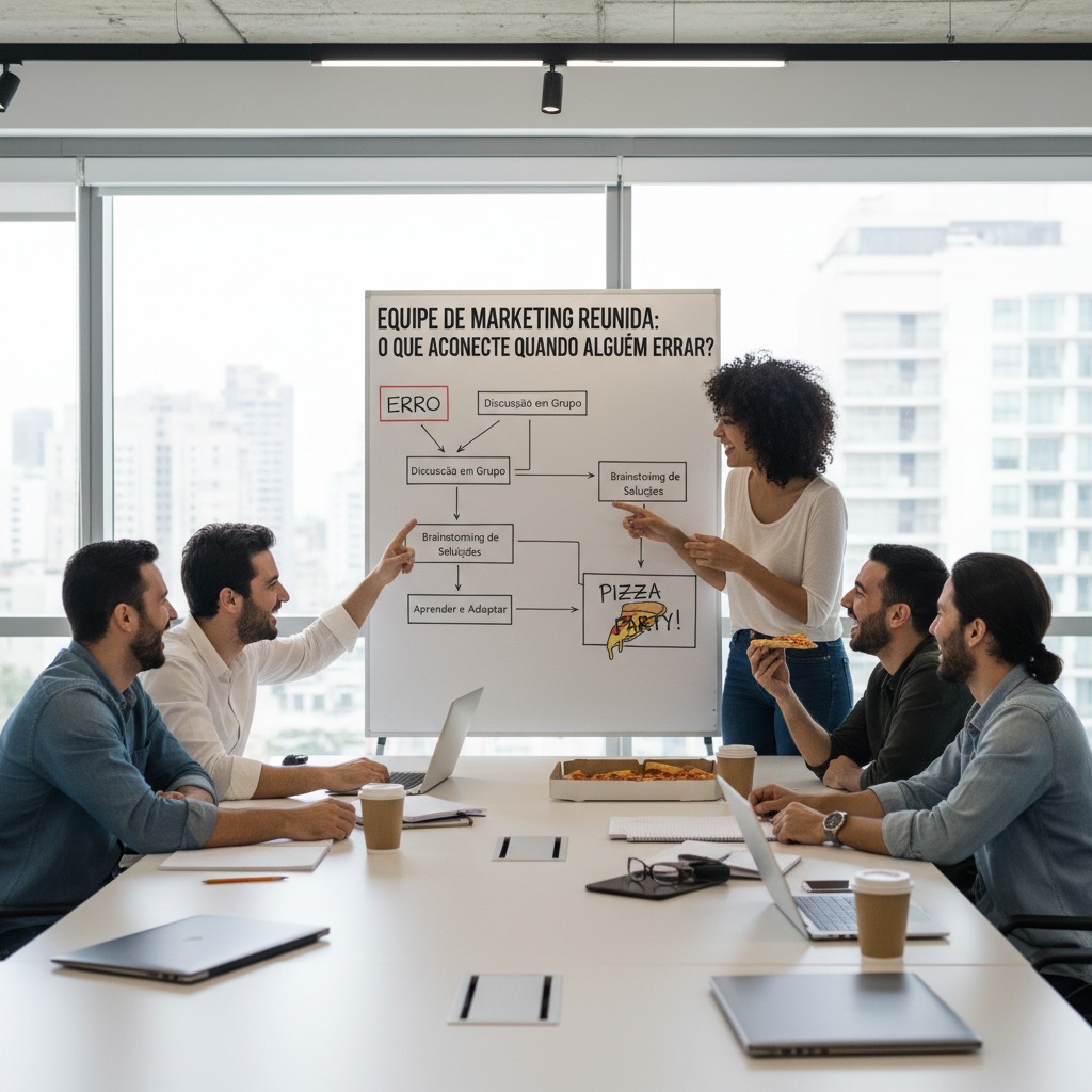 Equipe de marketing reunida em uma sala de escritório discutindo um fluxograma sobre resolução de problemas em um quadro branco enquanto comem pizza.