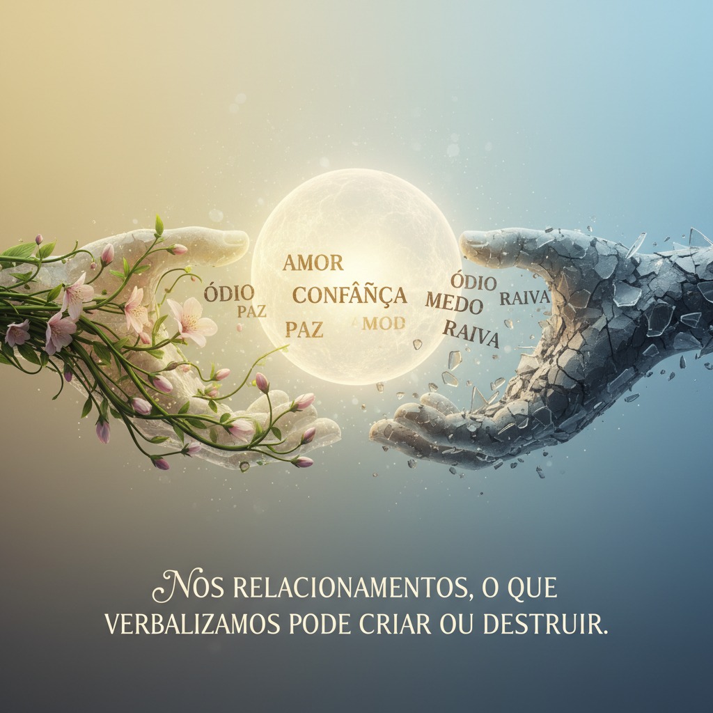 Duas mãos se aproximam de uma esfera luminosa central, sendo uma mão adornada com flores e a outra feita de pedra rachada, com a frase: "Nos relacionamentos, o que verbalizamos pode criar ou destruir".