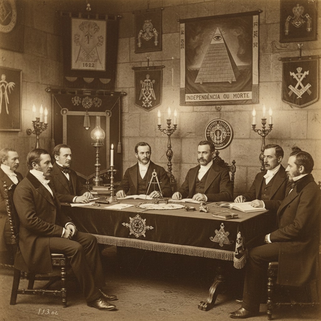 Sete homens vestidos formalmente estão sentados ao redor de uma mesa em uma sala decorada com símbolos maçônicos e uma bandeira com a inscrição "Independência ou Morte".