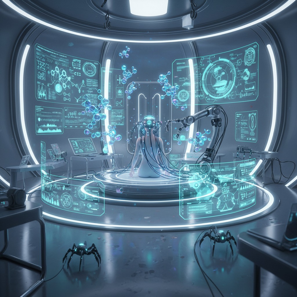 Uma pessoa conectada a cabos e telas holográficas está sentada em um laboratório futurista com braços robóticos e pequenos robôs em forma de aranha.