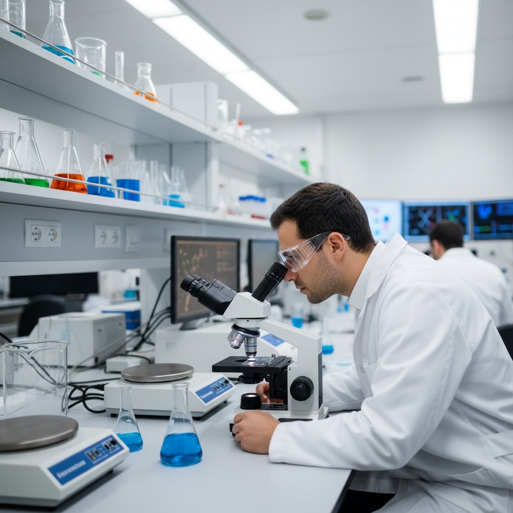 Pesquisador de jaleco branco utiliza um microscópio em um laboratório com prateleiras cheias de frascos com líquidos coloridos.
