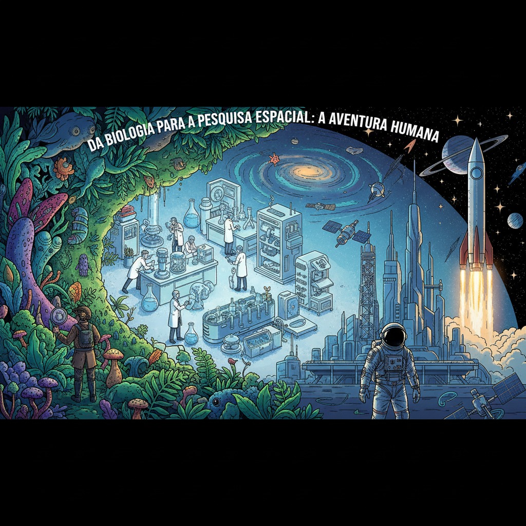Ilustração que conecta a biologia terrestre a um laboratório de pesquisa, uma cidade futurista e um foguete decolando para o espaço, com o título "Da biologia para a pesquisa espacial: a aventura humana".