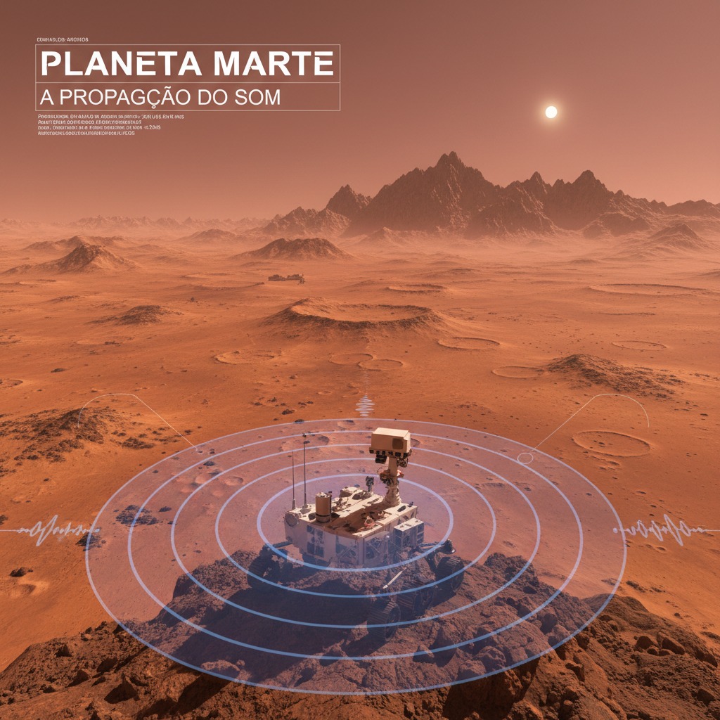 Um rover explorando a superfície rochosa de Marte com ondas sonoras representadas graficamente ao seu redor.
